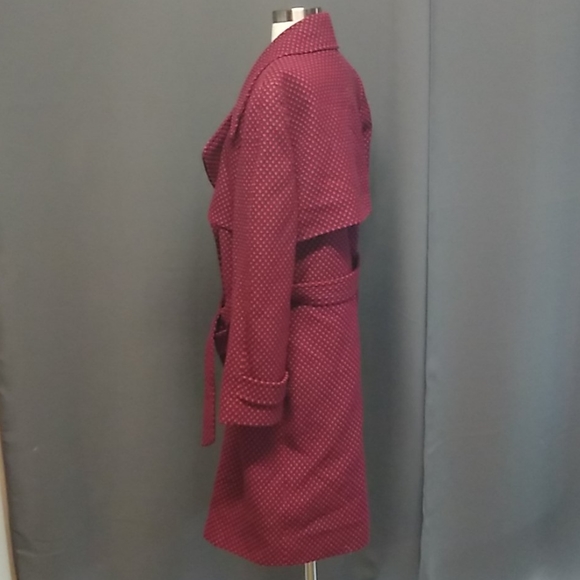 Linda Allard Ellen Tracy 100% Wool Belted Polkadot Burgundy Red Trench Coat 12 - Picture 3 of 11